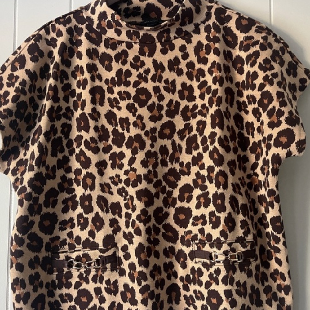 Leopard Print Short Sleeve Sweater Top - Brown & Cream